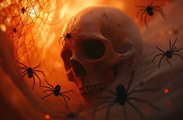 Оранжевый фон по краям приведение с паутиной и черными пауками все в стиле Halloween