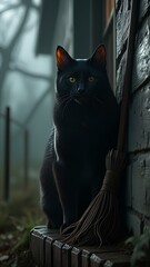 Close-up of a black cat standing on the corner of a house with a witch's broom nearby