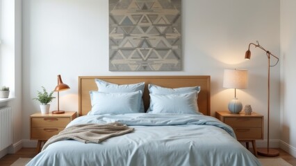 Generative AI, a bed with a blue comforter and a painting on the wall above it and a lamp on a nightstand, muted colors, a 3D render, geometric abstract art