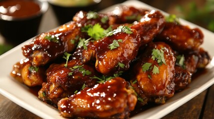 Close-Up of Honey Garlic Chicken Wings on a White Plate, Chicken Wings, Honey Garlic, Appetizer