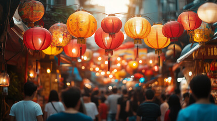 A lively street market filled with people under colorful traditional lanterns, showcasing the vibrant atmosphere of a cultural celebration in an Asian setting.