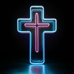 Fototapeta premium Orthodox cross with neon illumination on a dark background