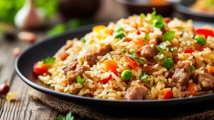 Close-up of Savory Fried Rice with Pork, Vegetables, and Parsley, on a Black Plate, Fried Rice, Asian Cuisine, Pork Dish