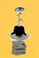 Vertical photo collage of anonym girl do yoga meditation spiritual instead head human eyes sit book stack isolated on painted background