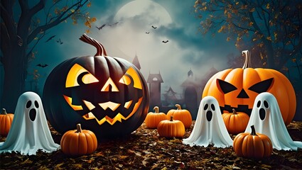 Jack-o-lantern pumpkins on dark background with spooky autumn leaves