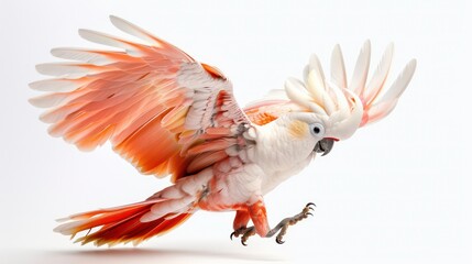 A white cockatoo with orange and yellow feathers on its wings and tail, landing on a white background, with its wings spread.
