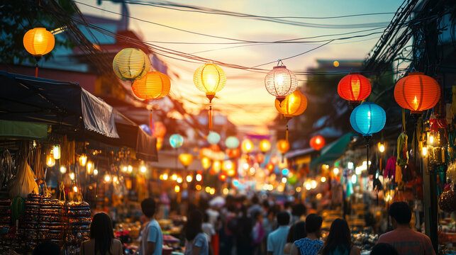 Evening scene at a vibrant Asian night market, illuminated by colorful hanging lanterns, with people enjoying the bustling atmosphere and various street food vendors.