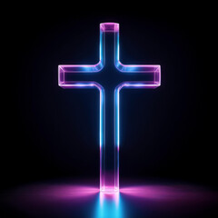 Catholic cross in neon light, on dark background