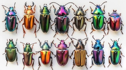 Fototapeta premium Collection of iridescent beetles with different colors and patterns, isolated on white background.