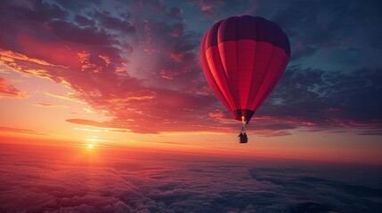 Obraz premium A vibrant hot air balloon soaring through a colorful sunset sky, creating a stunning view above the clouds.