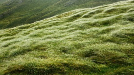 Lush Green Grass Blowing in the Wind on a Hillside