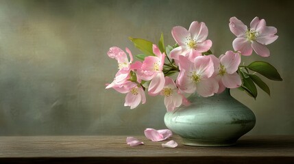 Obraz premium Delicate Pink Blooms in a Vintage Vase, Still Life Photography, Flower Arrangement, Rustic Background, Floral Art, Spring Blossoms, Pink Flowers