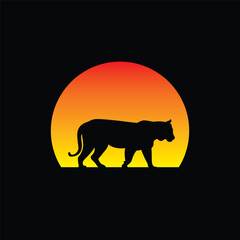 Silhouette of a tiger against a striped retro sunset. Original vector illustration in vintage style isolated on light background. T-shirt design.