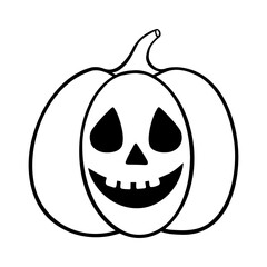 Spooky Halloween pumpkin illustration in line art style. Laughing Jack o lantern graphic monochrome drawing. Hand drawn outline sketch, engraved illustration. For coloring book, invitation, decoration