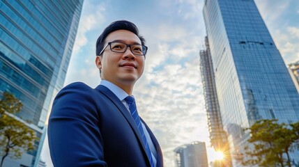 Fototapeta premium Businessman in Suit Looking Up at Tall Buildings