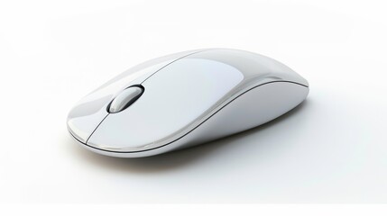 A close-up view of a sleek, modern, white wireless computer mouse isolated against a white background.