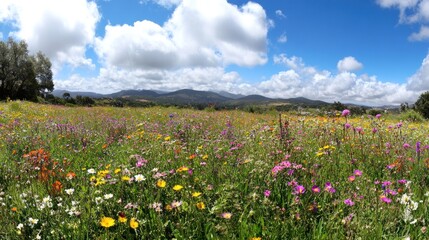 Fototapeta premium Colorful Wildflowers in a Meadow Under a Blue Sky