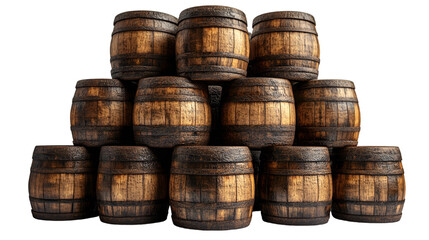 a stack of wooden barrels. 