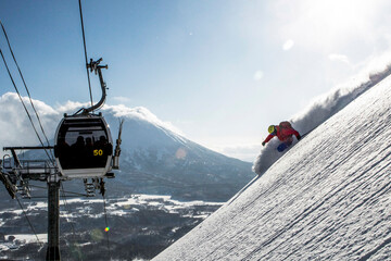 Snowboarding on the snowy slopes of Niseko, Hokkaido