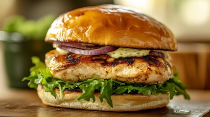 Grilled Chicken Burger with Creamy Dressing, Close-up, Rustic Wooden Board, Food Photography, Burger, Chicken, Grill