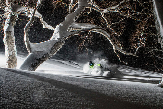 Nighttime snowboarding under snow-covered trees in Niseko