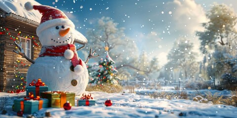Obraz premium Funny snowman in Santa Claus hat wearing red scarf with Christmas tree and gift boxes in near house, illustration snowy and daylight background with copy space, holiday greeting card