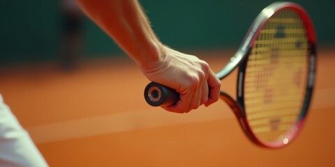 A close-up of a player&rsquo;s hand gripping a tennis racket, capturing the intensity and focus of the game on a clay court.