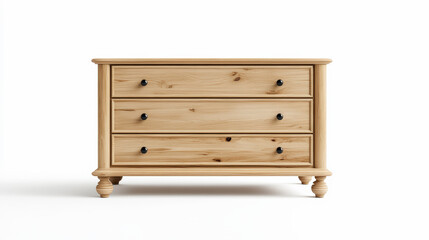 A wooden, three-drawer dresser with round black knobs, having a simple and classic design, stands against a white background.