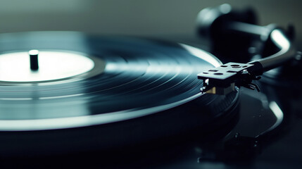 Close-up of a vinyl record playing on a turntable, conveying a nostalgic and vintage atmosphere with a focus on the details of the grooves and stylus arm.