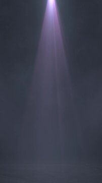 Light is turned on from darkness. Stage light shining and flickering at studio. Colorful spotlight illuminates the stage. Empty stage with light. Nightlife, music and entertainment concept. Vertical.