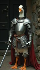 Fototapeta premium A whimsical armored goose ready for adventure, blending fantasy and humor. Perfect for children's content, illustrations, or playful marketing.