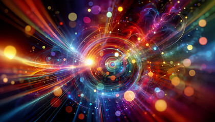 Fototapeta premium A vibrant cosmic scene with bright light at the center, radiating colorful rays and particles, suggesting dynamic motion and energy.