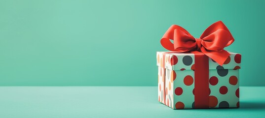 Obraz premium Colorful Gift Box with Polka Dot Wrapping and Red Bow for Celebrations and Parties