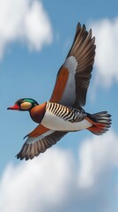 Fototapeta premium Mandarin Duck Bird Flying Under Blue Sky, Photo Realistic, Wallpaper, Cover and Screen for Smartphone, PC, Laptop, 9:16 and 16:9 Format