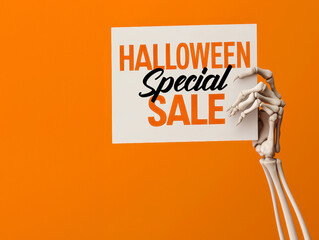 A creative Halloween sale sign held by a skeletal hand, set against a vibrant orange background for festive promotions.