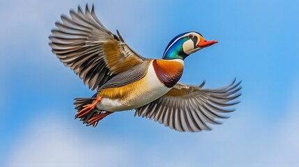 Obraz premium Mandarin Duck Bird Flying Under Blue Sky, Photo Realistic, Wallpaper, Cover and Screen for Smartphone, PC, Laptop, 9:16 and 16:9 Format