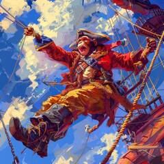 Fototapeta premium A vibrant pirate swinging on ropes, showcasing bravery and adventure under a bright blue sky.