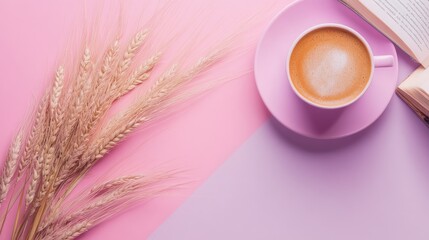 Pastel Coffee Break with Wheat, Pink and Purple Background, Flat Lay, Minimalist, Coffee, Wheat, Minimalism