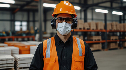 gentleman worker employee industry factory engineer wears helmet mask headphone in warehouse tone orange
