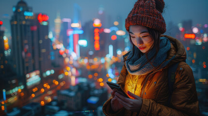 Obraz premium A person using the latest smartphone, with a dynamic cityscape in the background