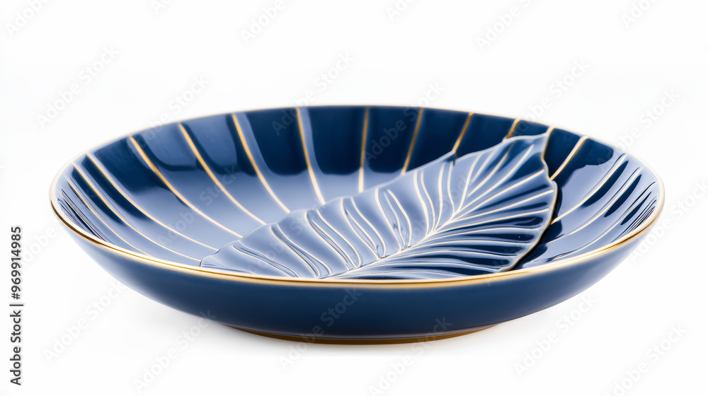 Wall mural elegant navy blue decorative plate with gold accents and a leaf design, perfect for adding a touch o