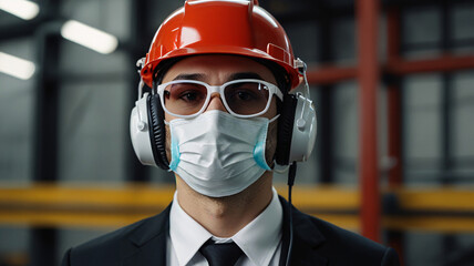 worker gentleman employee industry factory engineer wears helmet mask headphone in warehouse tone red