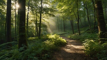 Sunlight filters through trees on a serene forest path in a lush woodland during late afternoon
