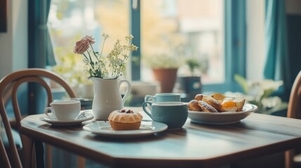 Coffee, Pastry, and Flowers on a Wooden Table
