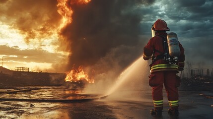 Naklejka premium Firefighter battling a blaze with water hose.