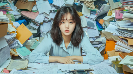 A tired young Asian salary woman sitting at a cluttered table filled with papers, folders, and documents