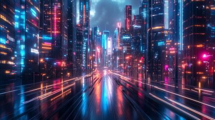 Fototapeta premium Futuristic cityscape with vibrant neon lights illuminating towering skyscrapers and bustling streets, reflecting the energetic and dynamic atmosphere of a modern metropolis.