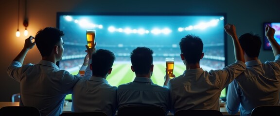 A group of friends celebrates and cheers while watching a live football match on a large screen, holding drinks. Perfect for sports events and social gatherings.