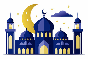 silhouette of the mosque. mosques silhouette vector illustration. A beautiful silhouette of a grand Islamic mosque with intricate minarets and domes, topped with a crescent moon