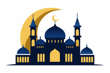 silhouette of the mosque. mosques silhouette vector illustration. A beautiful silhouette of a grand Islamic mosque with intricate minarets and domes, topped with a crescent moon